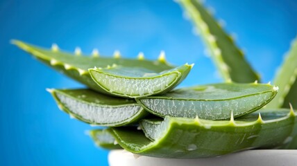 A closeup of fresh aloe vera slices is captured against a vibrant blue background
