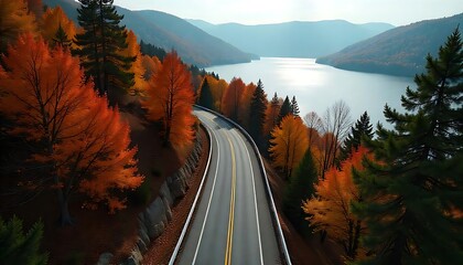 Autumn Road Winding Through Colorful Foliage Beside a Lake