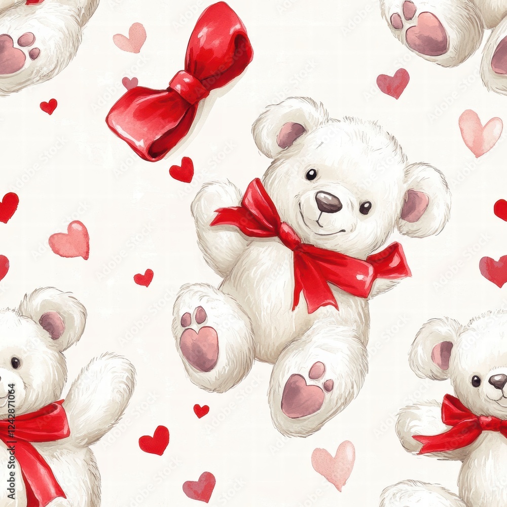 Aufkleber cute teddy bears with red bows and hearts create a playful pattern on a soft background perfect for 