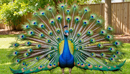 Obraz premium Vibrant peacock displaying feathers in lush garden, beauty of nature