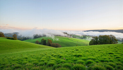 Obraz premium Lush green hills under misty sky at dawn, serene natural beauty