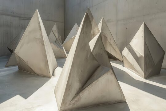 abstract architectural installation of concrete triangular prisms casting dramatic shadows, brutalist geometric composition