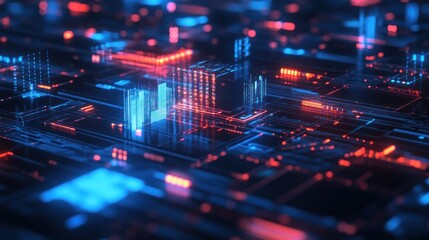 Abstract Digital Cityscape Neon Lights Glowing Circuits