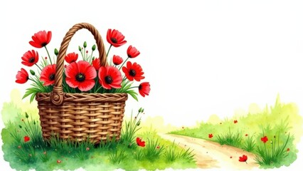 Illustration a wicker square straw basket full of field poppy flowers stands on a field path on the left, with space for text