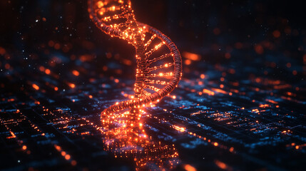 Glowing DNA Helix Digital Art Abstract Science Background 3d red code dark model orange future      