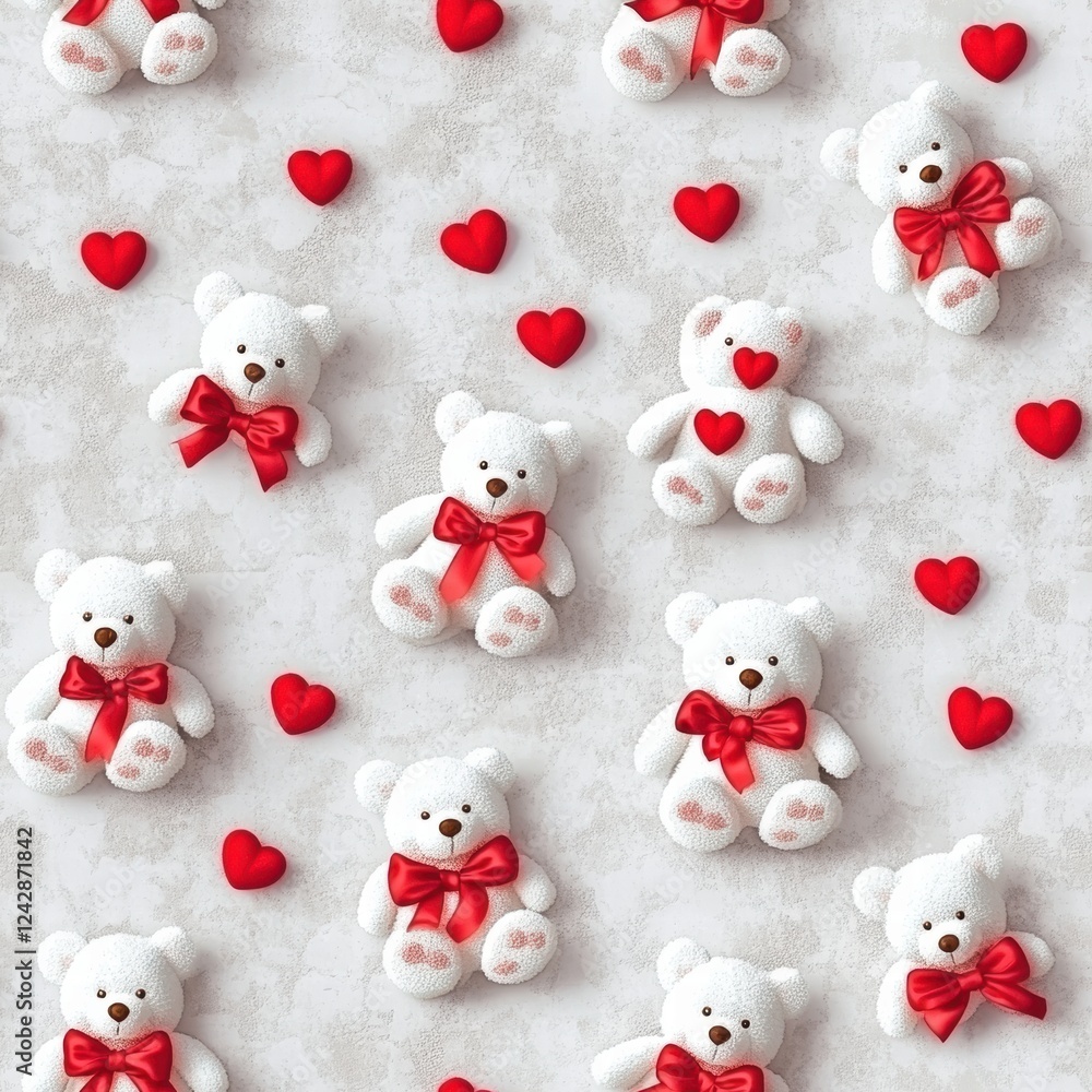 Aufkleber cute teddy bears with red bows and hearts creating a charming pattern on a light background. generat