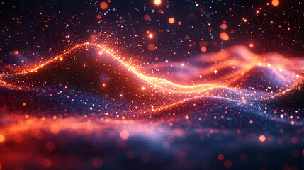 Fototapeta premium Abstract Red Orange Blue Glittering Particle Wave Background Glow Dark Shiny Light Space Fluid Bokeh