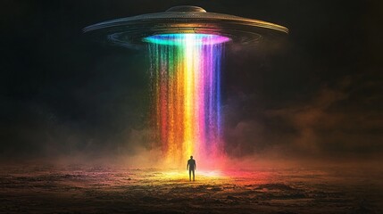 Mysterious UFO Emitting Colorful Light in an Enigmatic Landscape