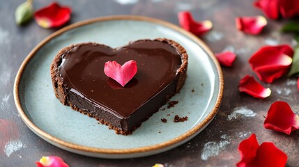 A heart-shaped gluten-free chocolate tart with glossy ganache, served on a romantic-themed plate with rose petals scattered around