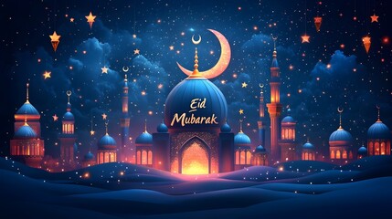 elegant eid mubarak calligraphy with luxurious gradient background. "Eid Mubarak" text on a luxury islamic design with blue-pink gradient background, ramadan festival