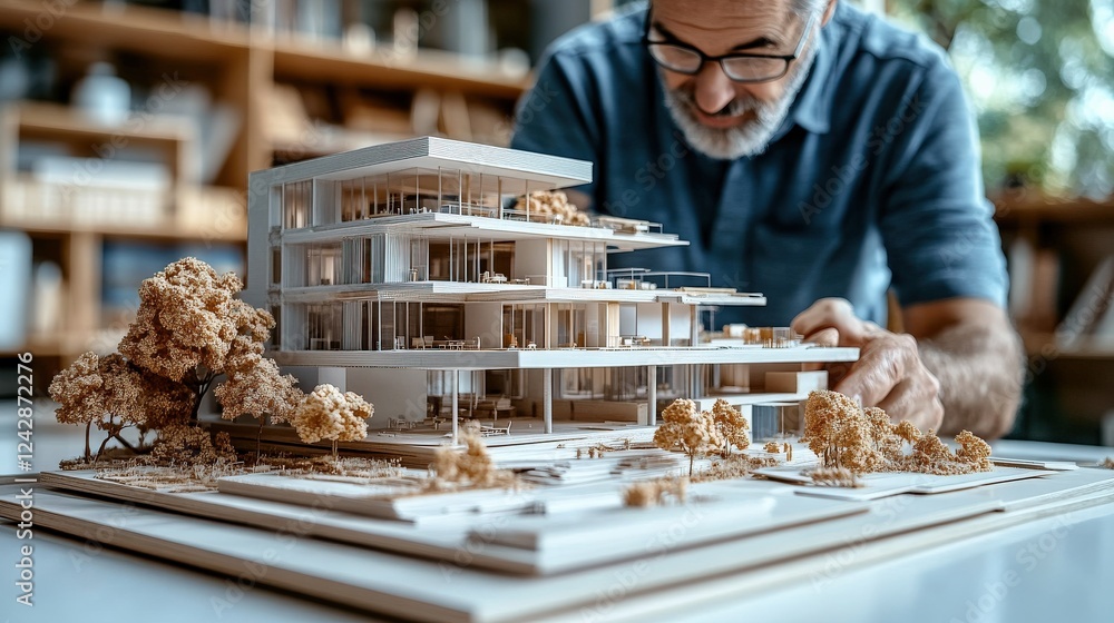 Poster architect examining a detailed model of a modern building in a creative workspace