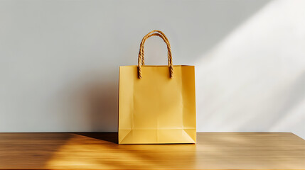 Plain paper shopping bag mockup, kraft yellow color, placed on wooden table with plain white wall background. AI generated images.
