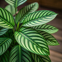 Elegant calathea plant with vividly patterned leaves showcasing vibrant green and white stripes in a stylish indoor setting