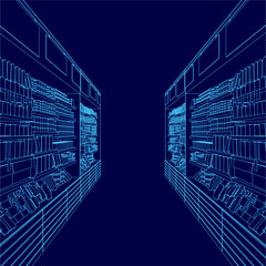 The image is a blue drawing of a store with shelves full of goods. The shelves are lined with goods of various sizes, creating a sense of depth and dimension