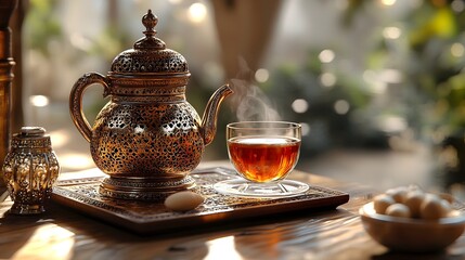 Fototapeta premium traditional saudi dallah coffee still life with warm ambiance. arabic coffee pot, ramadan