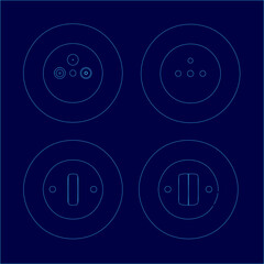 Four blue electrical sockets with different shapes