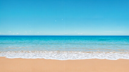 Fototapeta premium The image showcases serene beach scenes with golden sand, clear turquoise ocean waves, and a bright blue sky. Some images feature a straw hat on the sand, enhancing the relaxing summer atmosphere.
