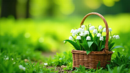 Сlose-up of a straw basket full of lily of the valley flowers stands on a green spring clearing in the forest, blurred background