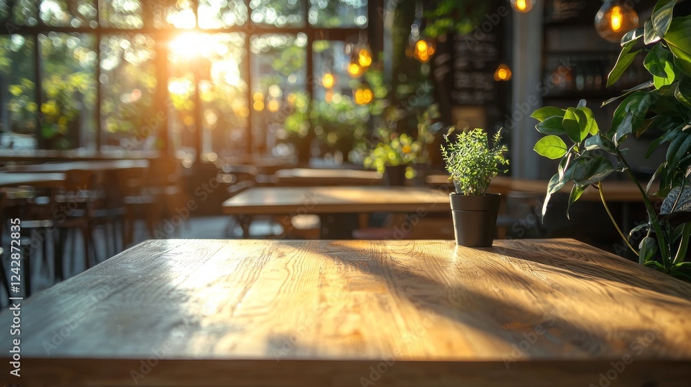 Aufkleber sunlight filters through large windows in a charming cafe, creating a serene atmosphere. potted plan