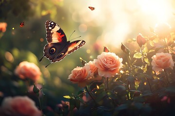 A butterfly taking flight from a vibrant rose bush, capturing the dynamic energy and beauty of a flourishing garden bathed in sunlight.