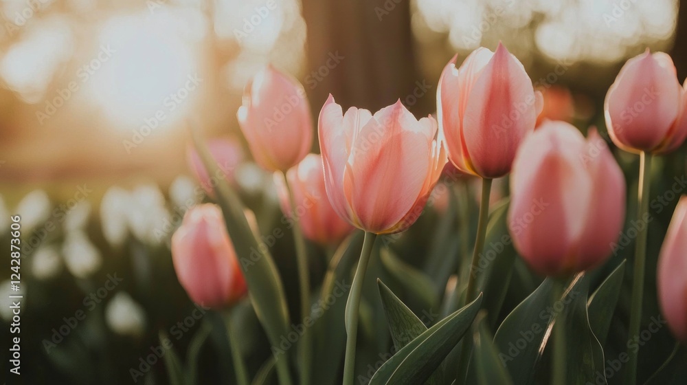 Poster a cluster of delicate pink tulips stands tall in a lush garden as the setting sun casts a warm glow,