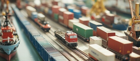 Miniature train transports cargo past harbor model
