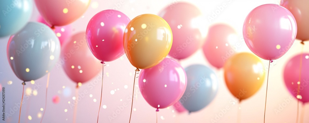 Poster colorful balloons floating with falling confetti on a pink background
