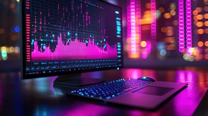 Obraz premium Financial Data Displayed On Computer Screen At Night