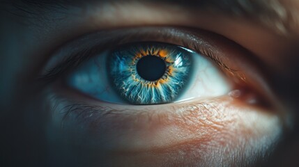 Fototapeta premium Close-up blue eye, macro shot, intense gaze, dark background, medical/advertising
