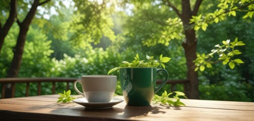 warm coffee in a ceramic cup on wooden table amidst green spring leaves and blooming trees with gentle sunlight filtering through , wooden table, coffee