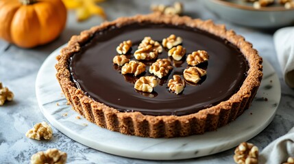A Thanksgiving-themed gluten-free chocolate tart with a nutty crust, topped with roasted walnuts and cinnamon-infused chocolate ganache