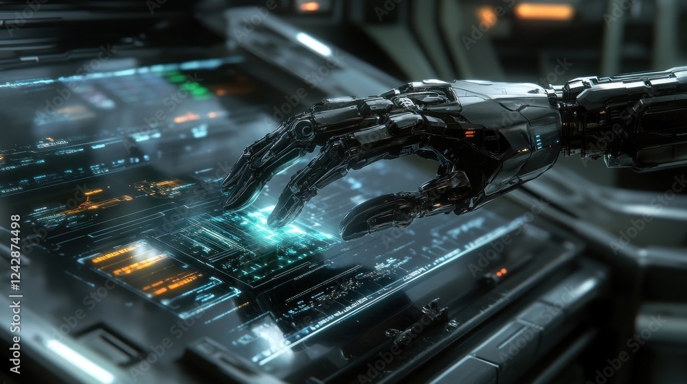 Poster robotic hand interacting with futuristic interface