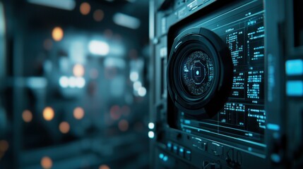 Futuristic surveillance camera scans spaceship interior