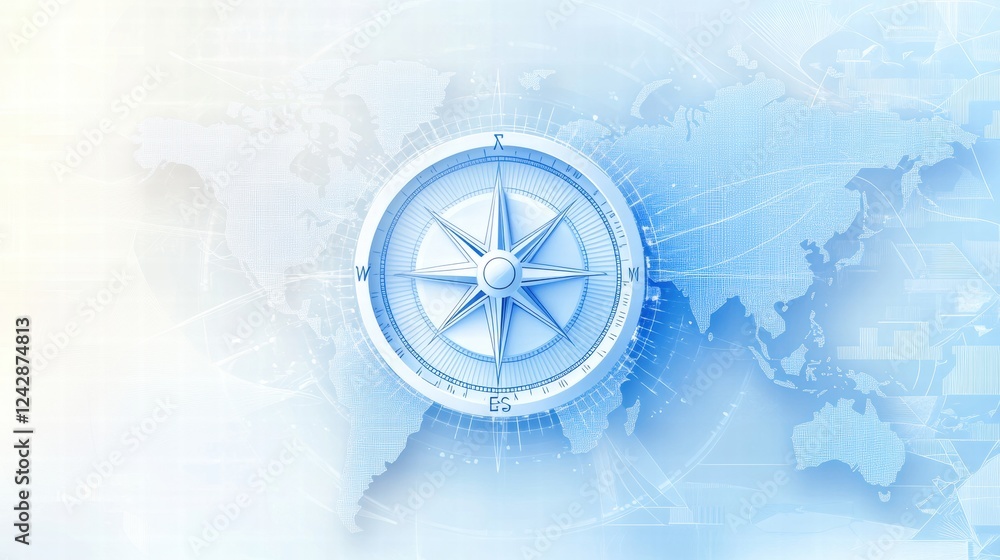 Poster compass overlaid on a blue world map highlighting navigation and exploration themes in a modern desi