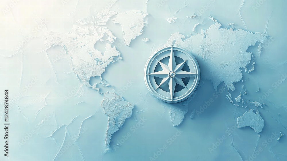 Poster navigating the world with a compass on a textured map in soft blue tones showcasing global geography
