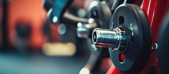 Fototapeta premium Gym weight plates close-up; fitness equipment; workout; red machine background