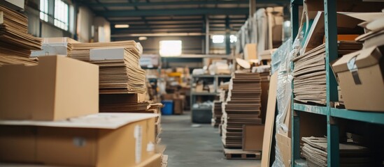 Obraz premium Cardboard storage warehouse interior, stacked boxes, background shelving