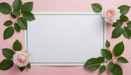 Obraz premium A pink flower frame with white paper on pink background showcasing a spring bloom, roses flowers, and a delicate petals and branches in a garden setting