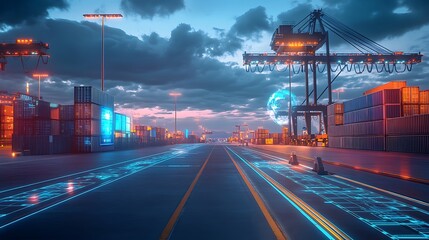 A futuristic cargo port where containers are monitored via holographic data streams connecting to a global logistics network.