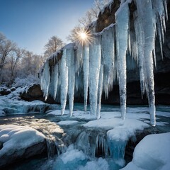 A frozen waterfall glistening like a giant white crystal in the winter sun.