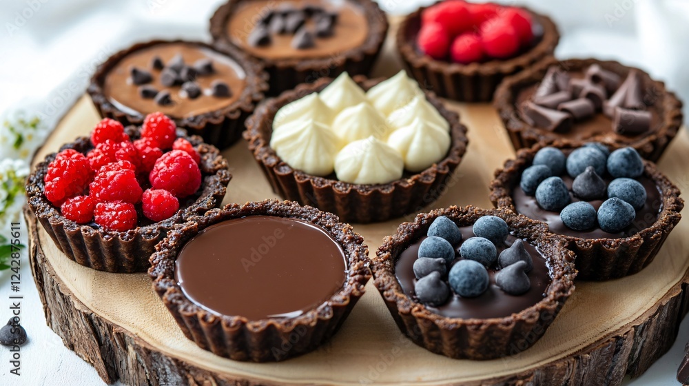 Poster Mini gluten-free chocolate tarts individually plated with unique toppings, arranged in a circular formation on a wooden platter