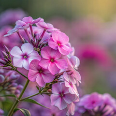 Fototapeta premium Beautiful cluster of pink and white phlox flowers blooming in a garden during golden hour, showcasing vibrant colors and detail