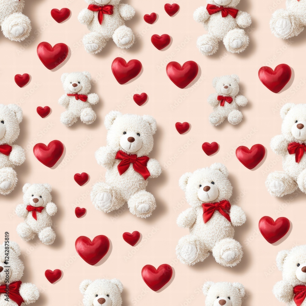 Aufkleber soft white teddy bears with red bows surrounded by red hearts on a light background creating a playf