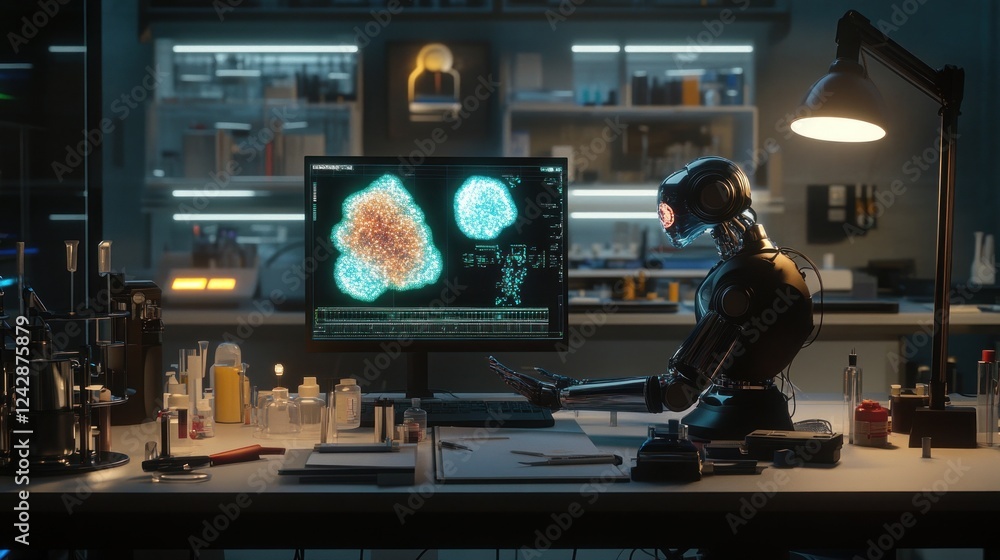 Poster Robot Analyzing Cellular Structures In A Futuristic Lab