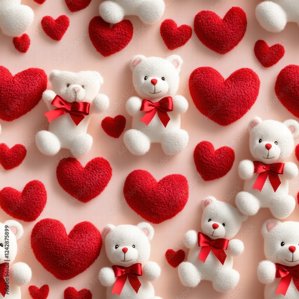 Aufkleber decorative patterns featuring white teddy bears and red hearts on a soft pastel background create a 