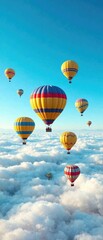 Fototapeta premium Vibrant hot air balloons float gently above a thick layer of clouds in a bright blue sky, cloudy sky, sunny day, vibrant colors