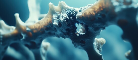 Damaged bone structure close-up; blurred blue background; medical/science use