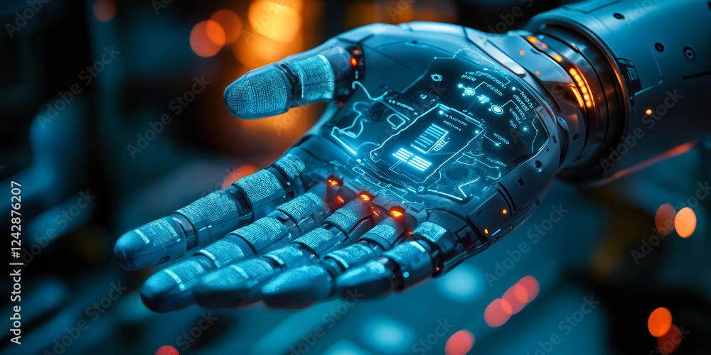 Poster futuristic ai integration in product development with robotic hand enhancing efficiency and market r