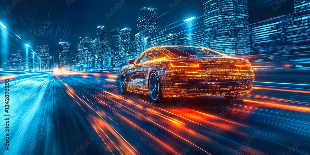 Poster futuristic car in motion with digital embedded software for advanced signal processing