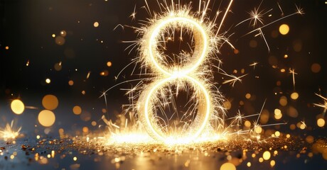 Golden sparkler forming the number 8 in the air, surrounded by sparks and light trails. The bright contrast against the dark background creates a festive and dynamic atmosphere